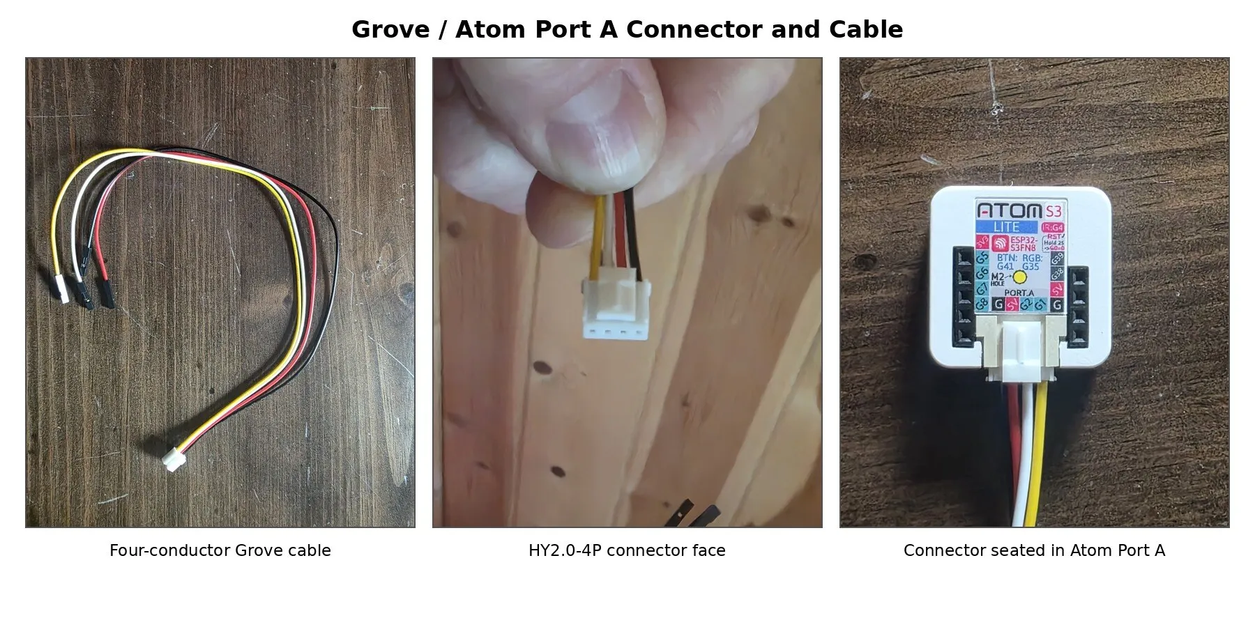 Four-conductor Grove cable, connector face, and orientation in AtomS3 Lite Port A.