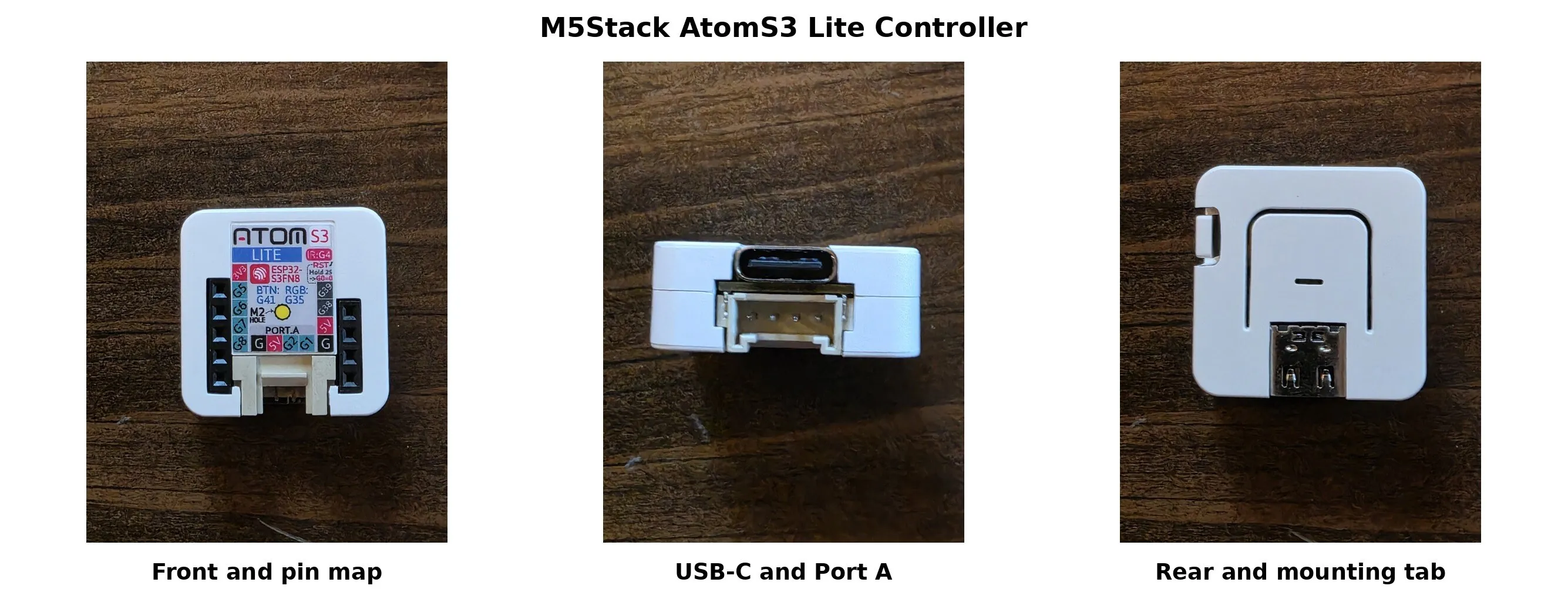 AtomS3 Lite controller shown from the front, Port A side, and rear.