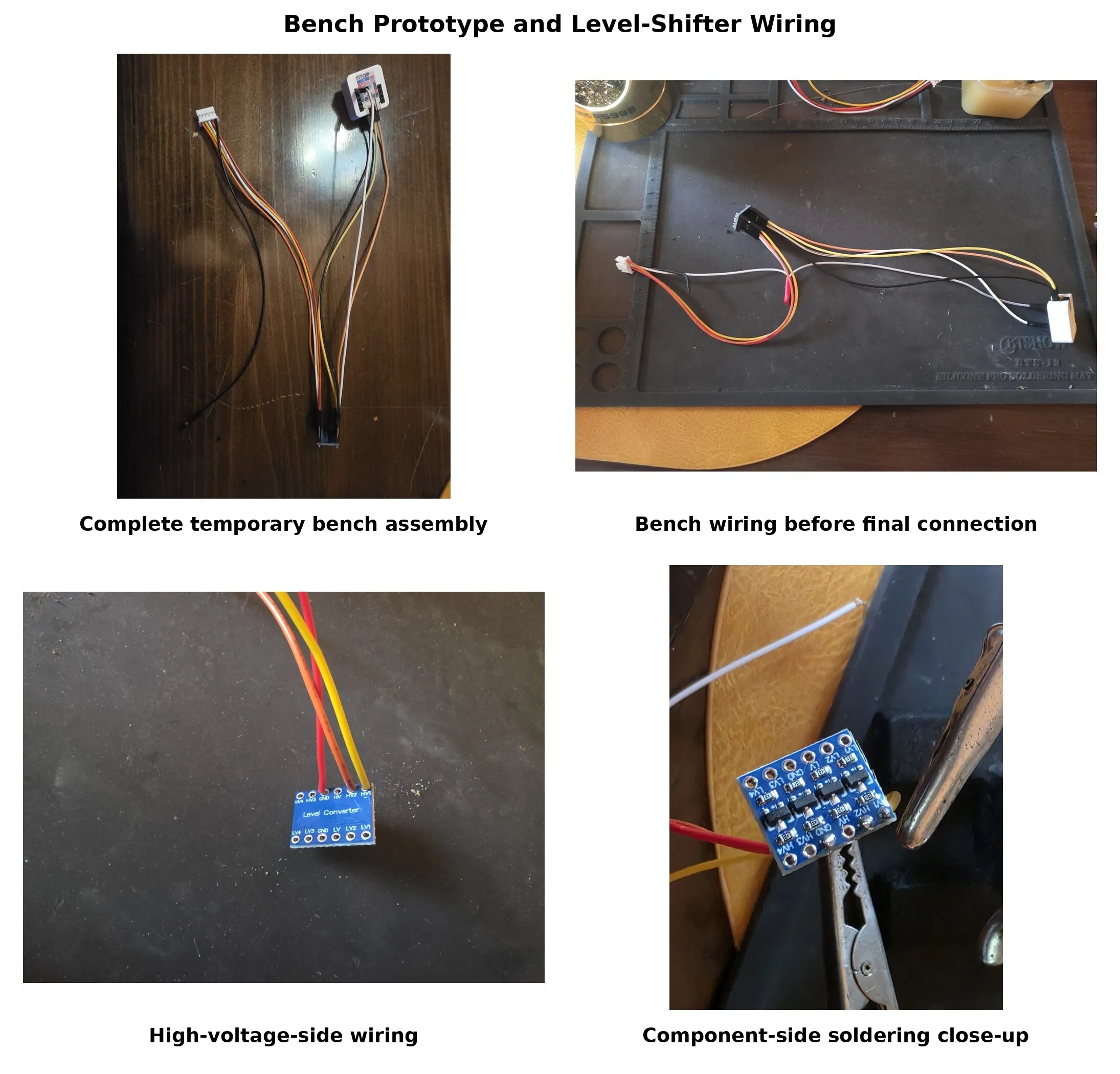Temporary AtomS3 Lite CN105 bench prototype with level-shifter wiring details.