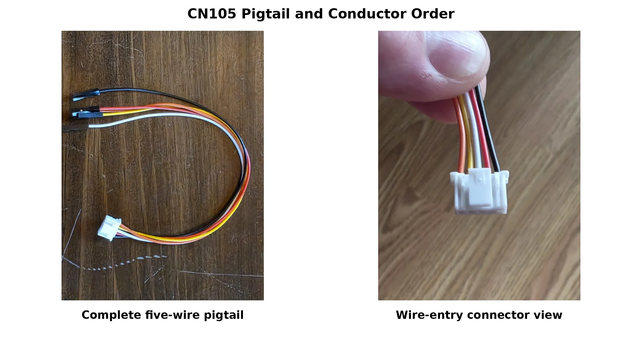 Five-wire CN105 pigtail beside a close view of its wire-entry orientation.