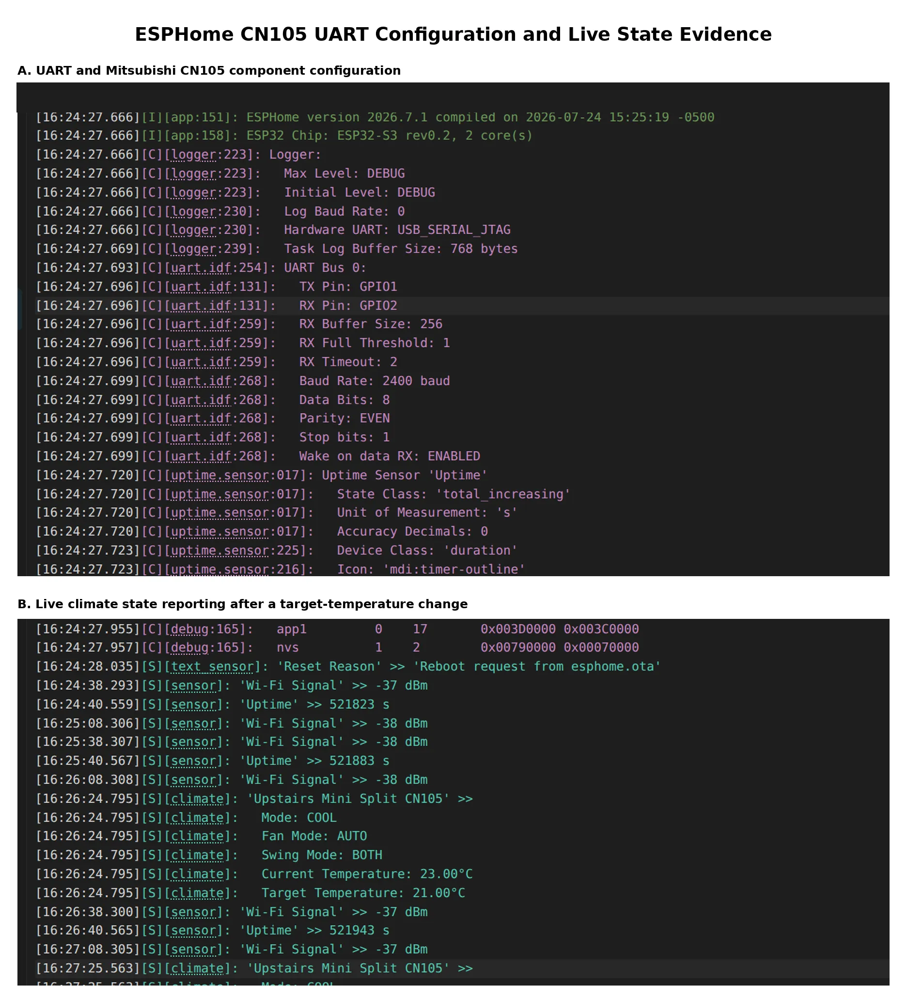 Sanitized ESPHome logs showing 2400-baud 8E1 UART settings and live CN105 climate state.