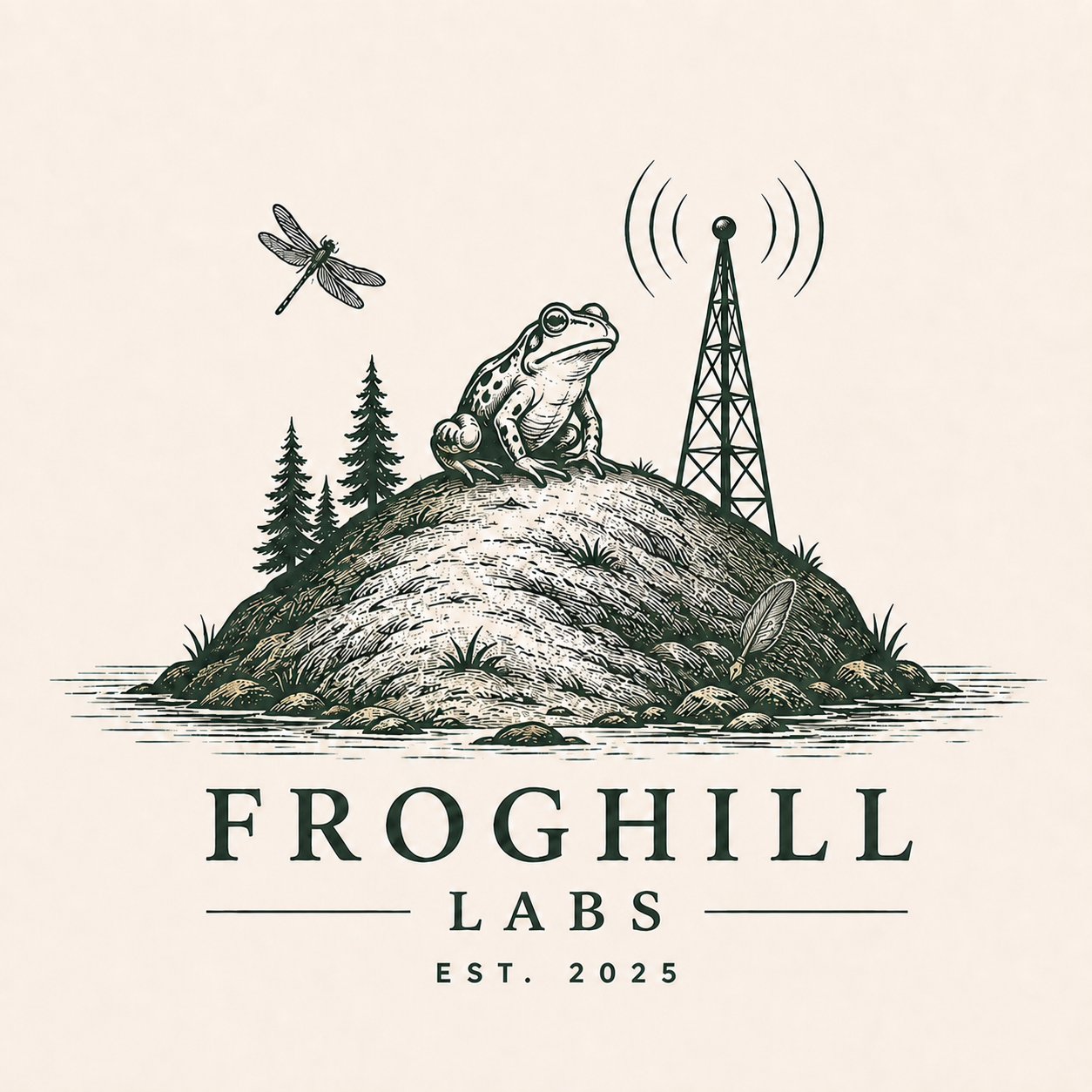 Frog Hill Labs emblem showing Beacon on a wooded hill, Pip flying nearby, and Quill resting beside the radio tower.