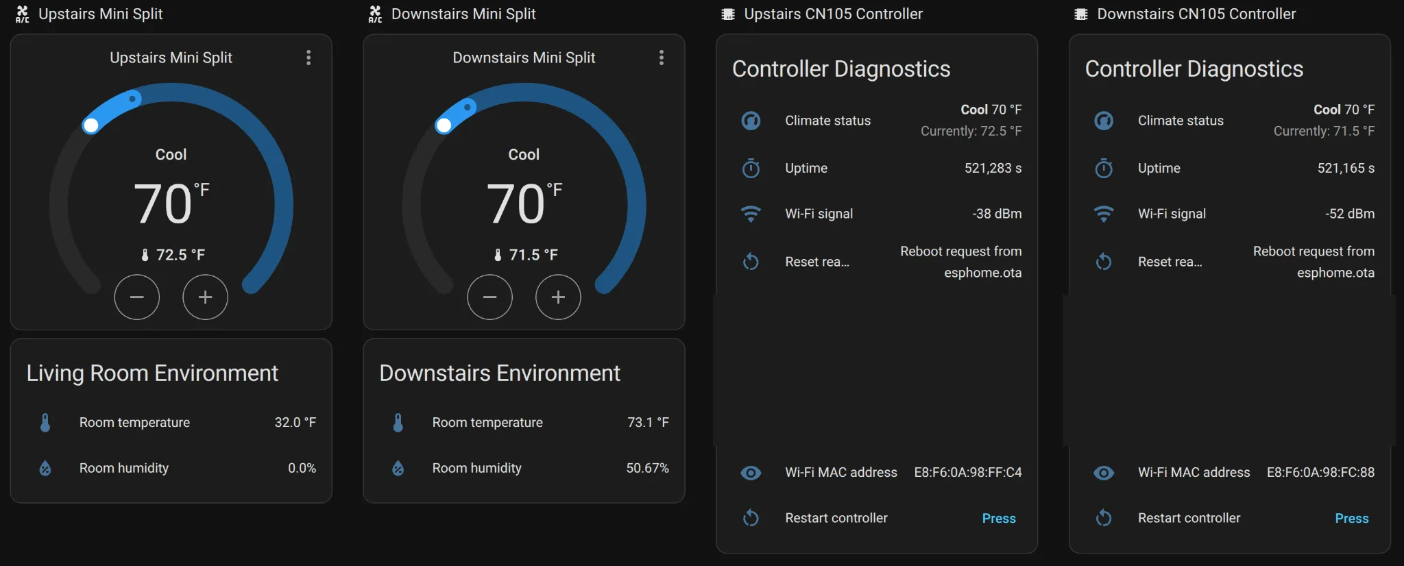 Home Assistant dashboard with upstairs and downstairs CN105 climate controls and sanitized diagnostics.