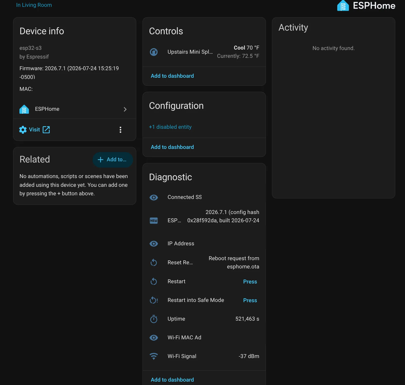 Sanitized Home Assistant ESPHome device page for the upstairs controller.