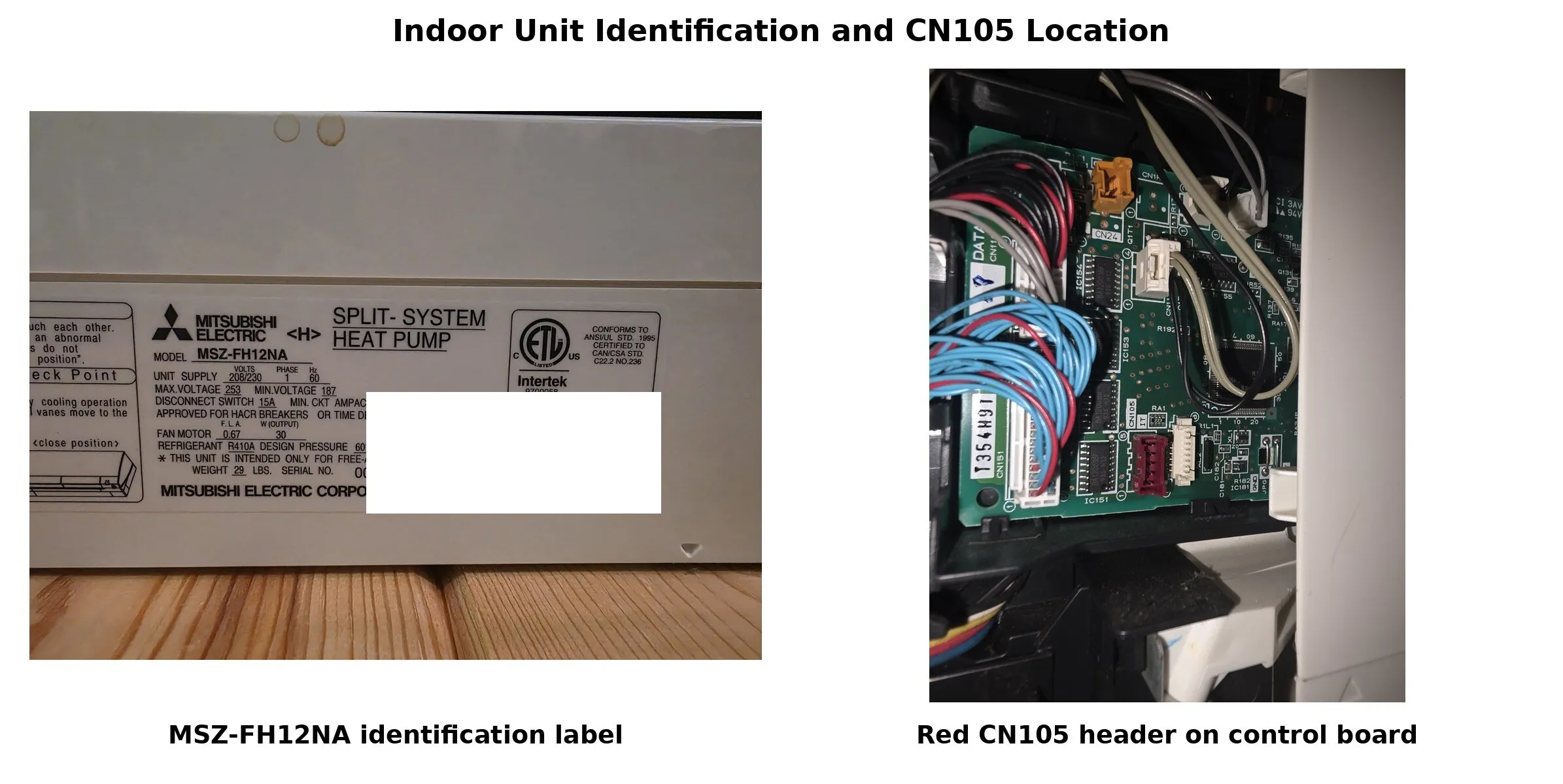 The MSZ-FH12NA model label with its serial and QR obscured, beside the red CN105 header on the indoor control board.